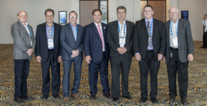 Panelists from the Telematics & Technology 2015 Forum (L-R): Udi Naamani, CEO of Fusepoint Ltd.; Harlan Siegel, vice president of LAUNCH Tech; Greg Potter, executive manager and chief operating officer of the Equipment and Tool Institute; Donny Seyfer, chairman of ASA; Bernie Porter, engineer of MAHLE; Bob Stewart, aftermarket service support manager for General Motors; and Bob Gruszczynski, OBD communication expert for Volkswagen Group of America.