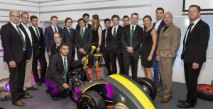Staff from Axalta in Austria and engineering students from the University of Applied Sciences in Vienna, Austria with Standox coated "Mako" design 2015 Formula Student car (Photo: Axalta)