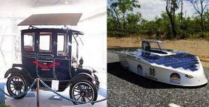 The comparison between 1955 and 2015: (Left) The solar car of 1955 was too tiny to drive; (Right) While solar cars are still being design, Bridgestone sponsors the World Solar Challenge. Photo credit: doitnow.co.za