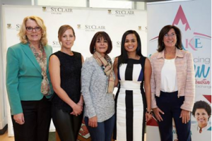 From left to right: Martha Reavley, associate professor at University of Windsor School of Business; Nicole Best, Spectra Premium; Sanaa Hache, owner of Pure Merchandise; Nour Hachem, pre-apprenticeship project manager, St. Clair College and AWAKE Project Lead; Cheryl Hardcastle, MP, Windsor-Tecumseh. Photo credit: Mike Kovaliv.