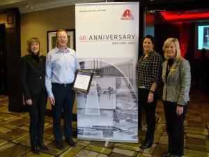 From left to right: Joanne Dies-Ajax, Ward 3 councillor ;Paul Chaney, Axalta; Andrea Bisenberger, Axalta; Colleen Jordan, Ajax regional councillor – Wards 3 and 4, celebrate Axalta’s Ajax manufacturing plant’s 60th anniversary.