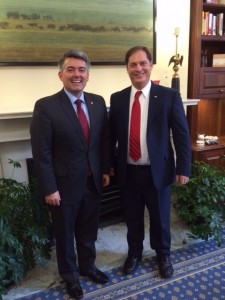 Sen. Cory Gardner, R-Colo., left, meets with Donny Seyfer, ASA chairman during ASA's Lobby Day on April 27.