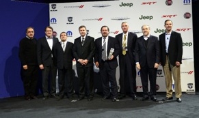 Individuals pictured include (from left to right): Sergio Marchionne, Chairman and CEO, Chrysler Group LLC; Sig Huber, Director, Supplier Relations and Mopar Purchasing, Chrysler Group LLC; Juan Carlos Perez, Vice President, Fiat/Chrysler/India sales, Shell Lubricants; Jim McCormick, Vice President, Central Region sales, Shell Commercial Fuels & Lubricants North America; Steven Reindl, Vice President, Key Accounts sales, Shell Commercial Fuels & Lubricants North America; Don Wolf, Global Account Manager, Chrysler for Shell; Vilmar Fistarol, Head of Group Purchasing, Fiat S.p.A.; and Scott Kunselman, Senior Vice President, Purchasing and Supplier Quality, Chrysler Group LLC.