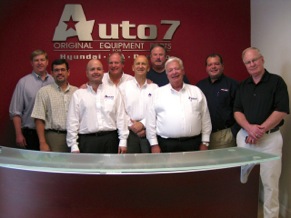 Auto 7 Inc. President Steven Kruss (third from left) is joined by fellow Auto 7 executives and members of the company’s Distributor Council at a meeting at Auto 7’s corporate office in Miramar, Fla. Pictured from left to right: Tim Renehan, president of Stone Wheel, Chicago; Mike Mohler, vice president of National Pronto Association, Grapevine, Texas; Steven Kruss, Auto 7 president; Jim Murphey, Auto 7 senior vice president and Council founder; Larry Szpyra, Auto 7 vice president of product management and quality assurance; Raun Smith, president of Ken Smith Automotive, Chattanooga, Tenn.; Cliff Friedrich, Auto 7 account manager; Joe Sotolongo, Auto 7 brand manager, and Jim Olson, vice president of Full Service Automotive, San Antonio, Texas. Not pictured: Bob Yeoman, president of Automotive Distributor Warehouse, Columbus, Ohio.   