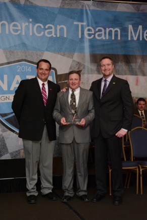 Dan Gunter, BASF, with his award flanked by Rick Johnson, Eastern Zone USA Manager, BASF and Paul Whittleston, Vice President Business Management for BASF Automotive Refinish & Industrial Coatings Solutions North America.