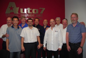 Auto 7, Inc. president Steven Kruss (fourth from right) is joined by fellow Auto 7 executives and members of the company’s Distributor Council at a meeting at Auto 7’s corporate office in Miramar, Fla. Pictured from left to right: Jim Murphey, Auto 7 senior vice president and Council founder; Young Suhr, vice president of APW, Carson, Calif.; Tim Renehan, president of Stone Wheel, Chicago, IL; Mike Mohler, vice president of National Pronto Association, Grapevine, Texas; Joe Sotolongo, Precise brand manager; Larry Szpyra, Auto 7 vice president of product management and quality assurance; Steven Kruss, Auto 7 president; Clark Johnson, president of Seth Johnson Sales, Sudbury, Mass.; Cliff Friedrich, Auto 7 regional manager, and Andy Swope, Auto 7 regional manager.