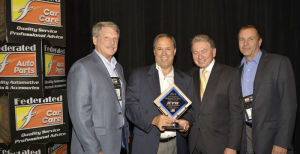  (L to R): Kim Tingley, regional manager/program group manager, KYB; Mike Fiorito, vice president, KYB; Roy Kent, chief strategy officer and president, new business development, Federated Auto Parts; Paul Kratzer, national sales manager, KYB
