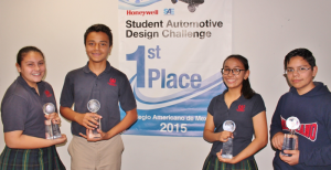 Students from Colegio Americano de Mexicali take first place in global competition focused on math and science curriculum in annual Honeywell toy car competition. From left, Valeria Hernandez, 13; Alejando Mungaray, 12; Daniela Urrea, 12; and Adrian Perez, 12.