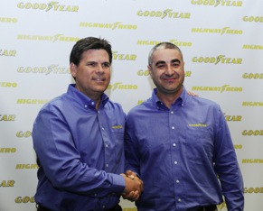 The 31st Goodyear North America Highway Hero Award winner Ivan Vasovic (R) with Gary Medalis, marketing director, Goodyear Commercial Tire Systems. Vasovic rescued another trucker who had fallen from a burning tanker truck that was hanging over the side of a freeway overpass.