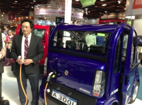 Donald Pihsiang Wu, chairman and CEO of Pihsiang, shows off one of the company's electric vehicles at EV Taiwan.
