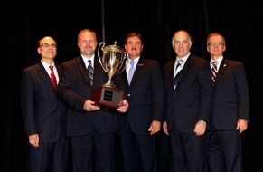 Fred Andersky, director of government and industry affairs, Bendix Commercial Vehicle Systems; Jeffrey Langenhahn, 2014 Bendix National Truck Driving Championships Grand Champion, Con-way Freight; Phil Byrd, chairman, American Trucking Associations, and president and CEO, Bulldog Hiway Express; Bill Bronrott, deputy administrator, Federal Motor Carrier Safety Administration; Larry Evener, NTDC chairman and safety manager, Walmart Transportation.