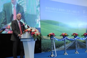 James R. Verrier, president and CEO, BorgWarner, speaks during the new production facility opening in Taicang, China. 
