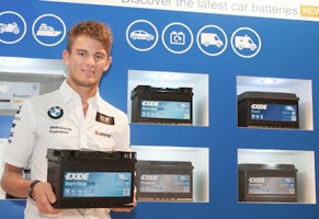 Marco Wittmann, DTM champion 2014, unveils the new Exide LV battery range at Automechanika in Frankfurt.