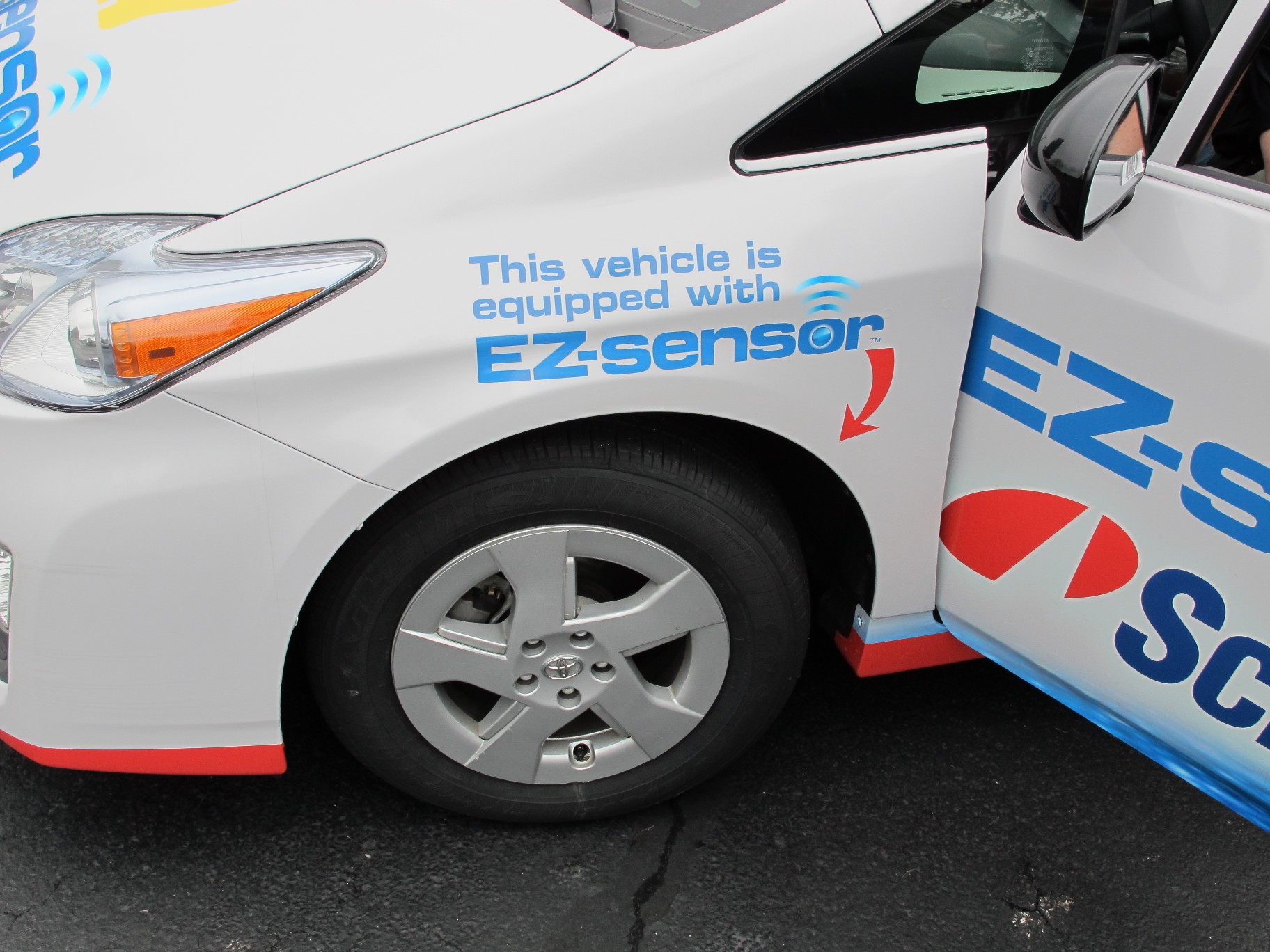 All four wheels of this Prius have been outfitted with the sensors, and the vehicle includes a station in the back where Schrader can demonstrate the functionality of the sensors and the reprogramming tool. 