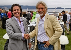 Michael Schneider (L), president of McPherson College, and David Madeira, president and CEO of LeMay - America's Car Museum (ACM) get together at the 2011 Pebble Beach Concours d'Elegance. The pair announced a partnership to promote both institutions and their work in automotive preservation and education. Through the alliance, ACM, set to open in Tacoma, Wash., in June 2012, will provide vehicles and educational opportunities for McPherson, a liberal arts college located in McPherson, Kan., that offers the country’s only four-year degree program in automotive restoration. (Photo by Roger Hart/Courtesy of LeMay - America's Car Museum)