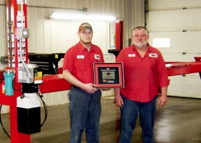 Precision Auto Repair of Mayville, Wisc., won Rotary Lift’s 50,000th SmartLift inground lift as part of a celebration to commemorate the SmartLift’s 15th anniversary. Pictured are Jeff Henning, owner of Precision Auto Repair (right) and Keith Pastorius, service manager, who had the winning entry. 
