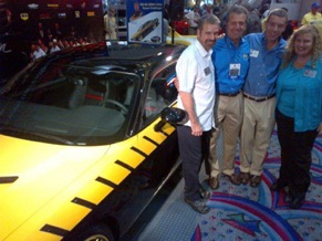 The WD-40/SEMA Cares Dodge Challenger, which was featured at the 2011 SEMA Show, will be auctioned on Jan. 20. From left to right: Joel Ayres of Bedslide/Takit LLC, Mike Spagnola of Street Scene Equipment, SEMA President and CEO Chris Kersting and Luanne Brown of eTool Developers.    